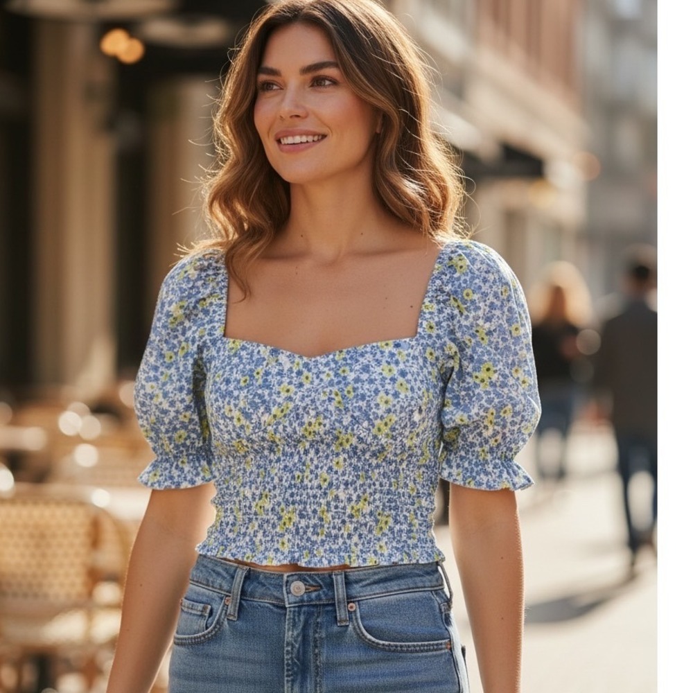 Skylar + Madison Blue Ditsy Floral Smocked Crop Top Coquette Fairycore Bohemian
